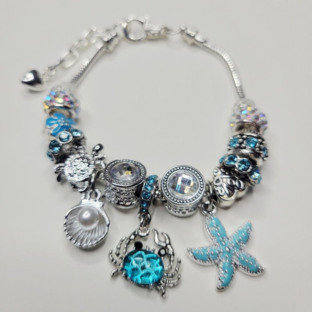 NWT Pandora Style Silver Color Charm Bracelet Beach Crab Starfish Rhinestones M